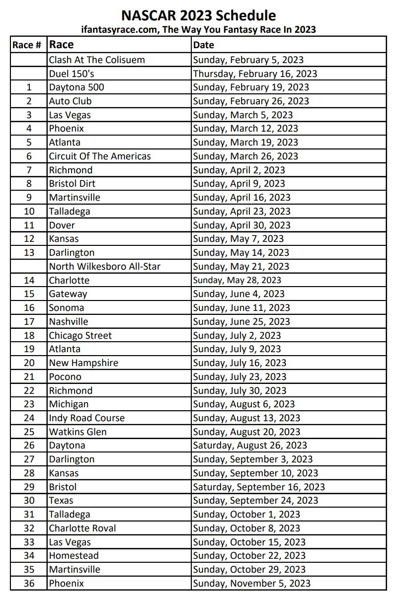 Printable Nascar 2023 Schedule Races Calendar - PELAJARAN