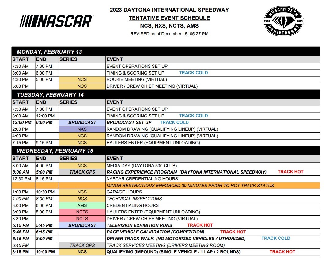 Daytona 500 NASCAR On Track Event Schedule