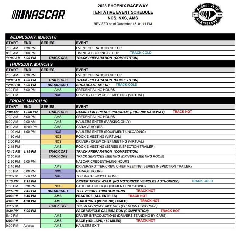 Phoenix NASCAR On Track Event Schedule - ifantasyrace.com