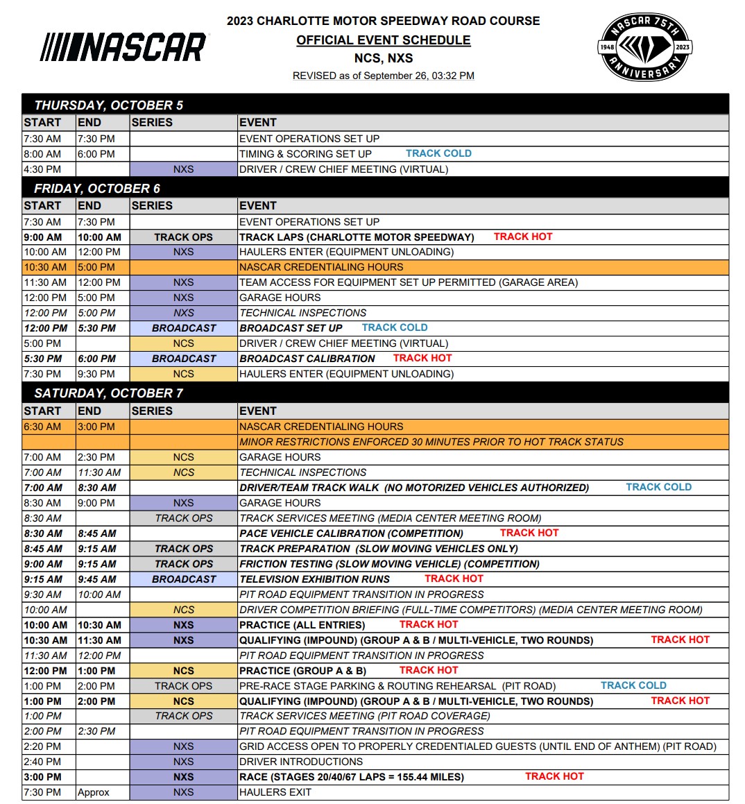 Charlotte Roval NASCAR On Track Event Schedule