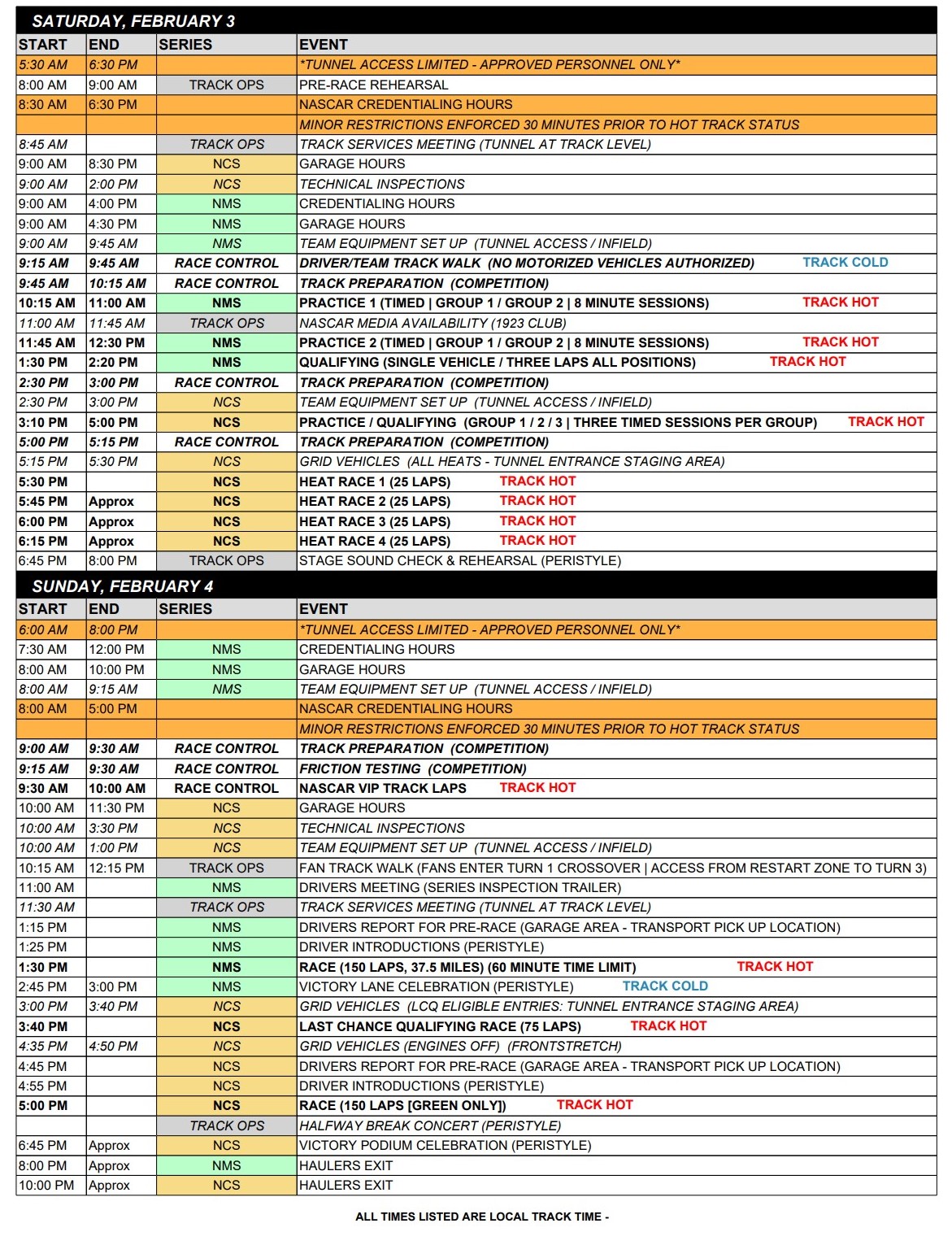 NASCAR Clash On Track Event Schedule