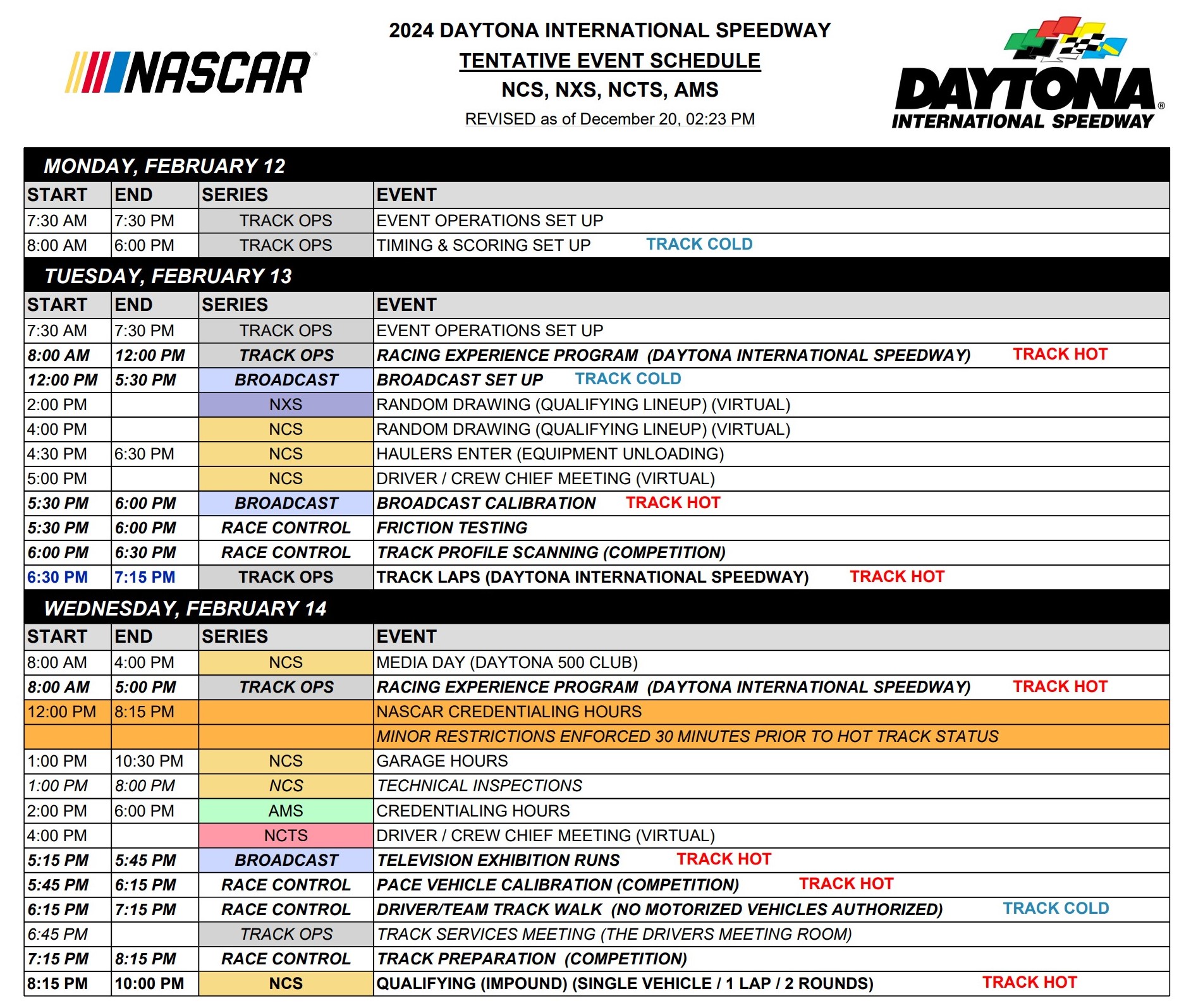 Daytona 500 NASCAR On Track Event Schedule (2024)