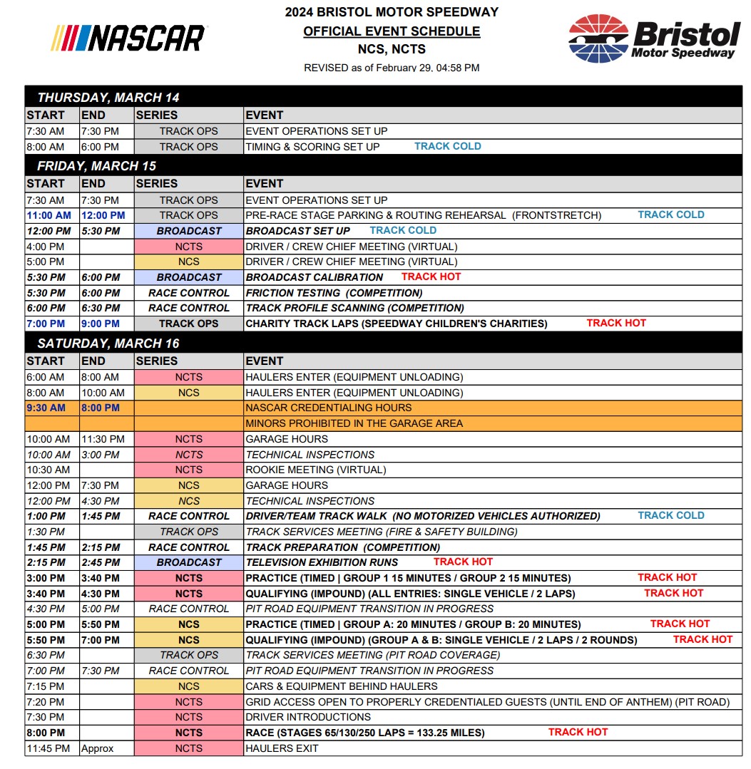 Bristol NASCAR On Track Event Schedule