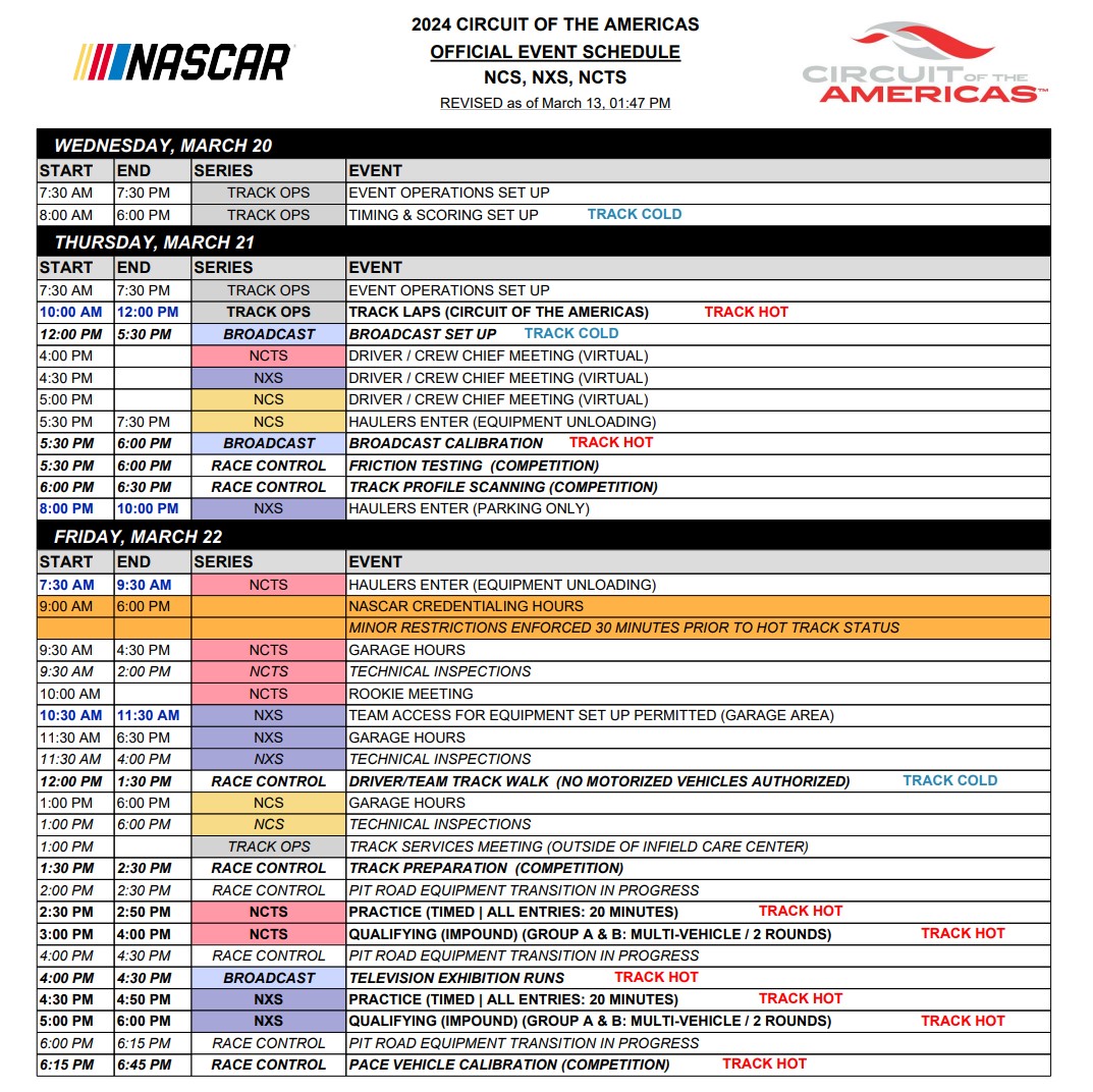 COTA NASCAR On Track Event Schedule