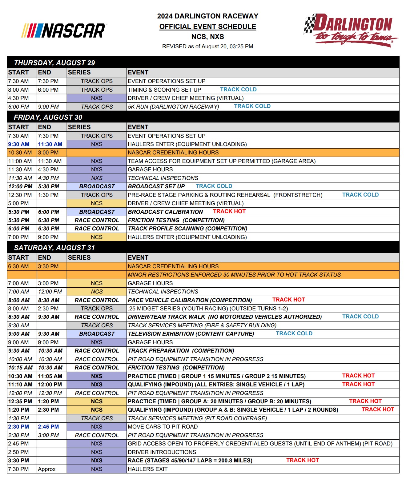 Darlington NASCAR On Track Event Schedule