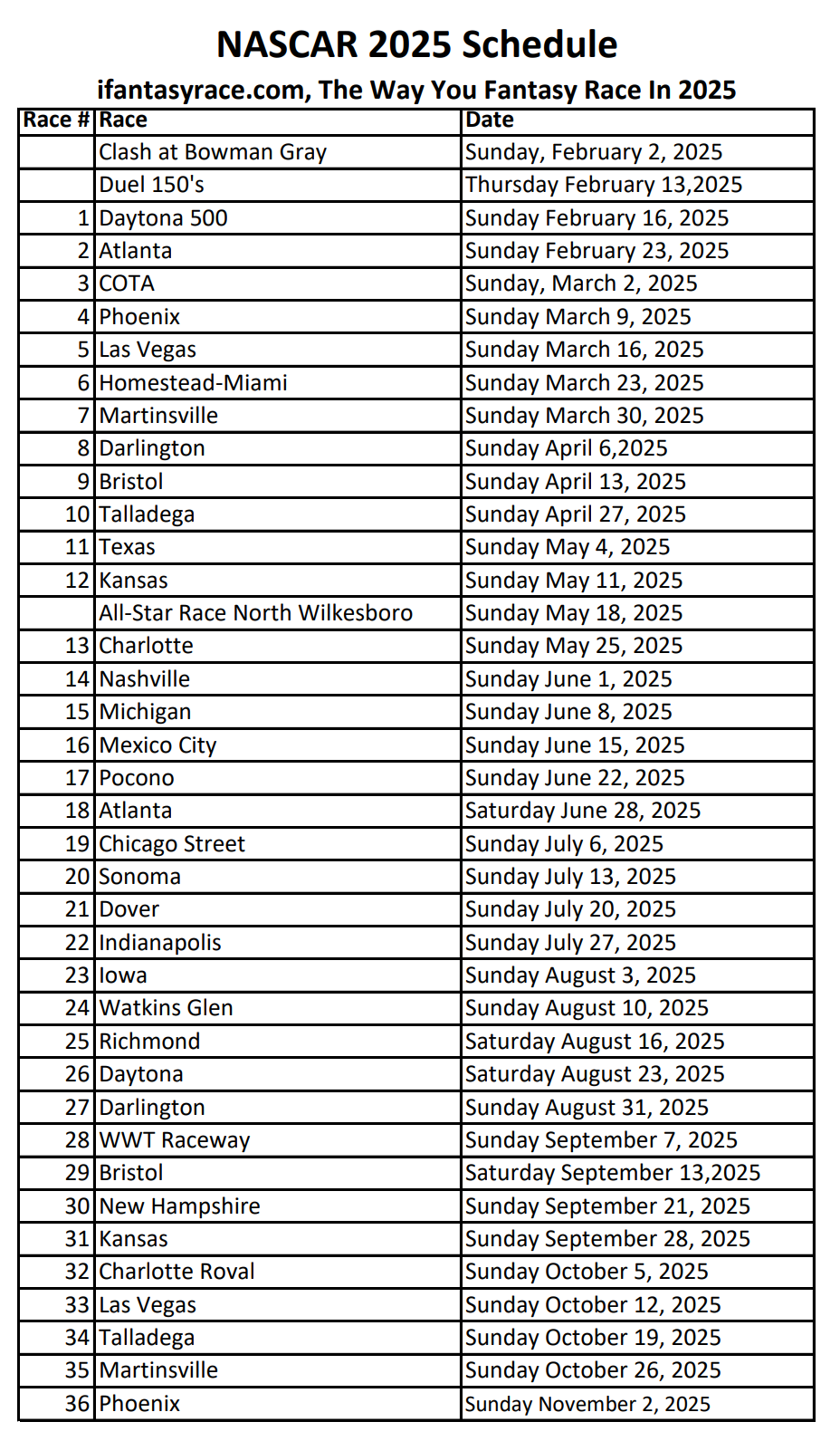 NASCAR 2025 Printable Schedule