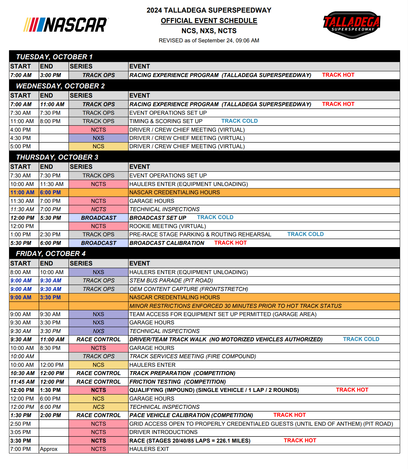 Talladega NASCAR On Track Event Schedule