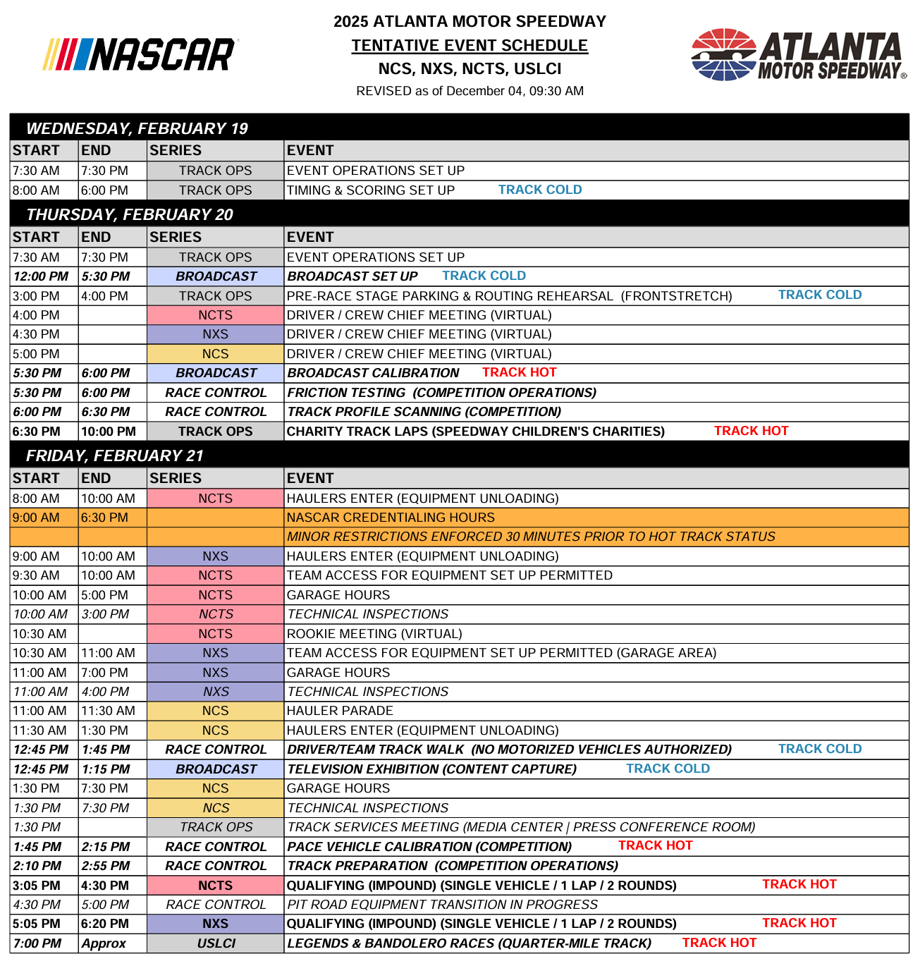 Atlanta 1 2025 NASCAR On Track Event Schedule