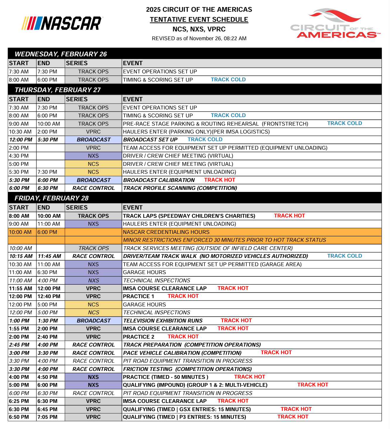 COTA NASCAR On Track Event Schedule 2025