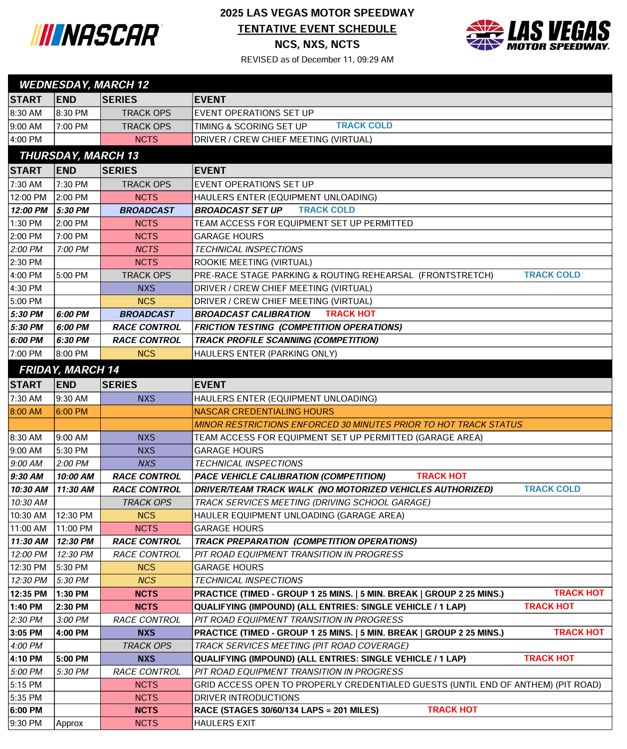 Las Vegas 1 2025 NASCAR On Track Event Schedule