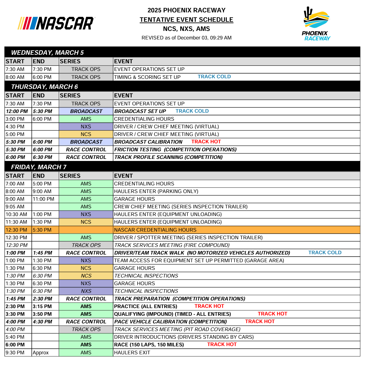 Phoenix 1 2025 NASCAR On Track Event Schedule