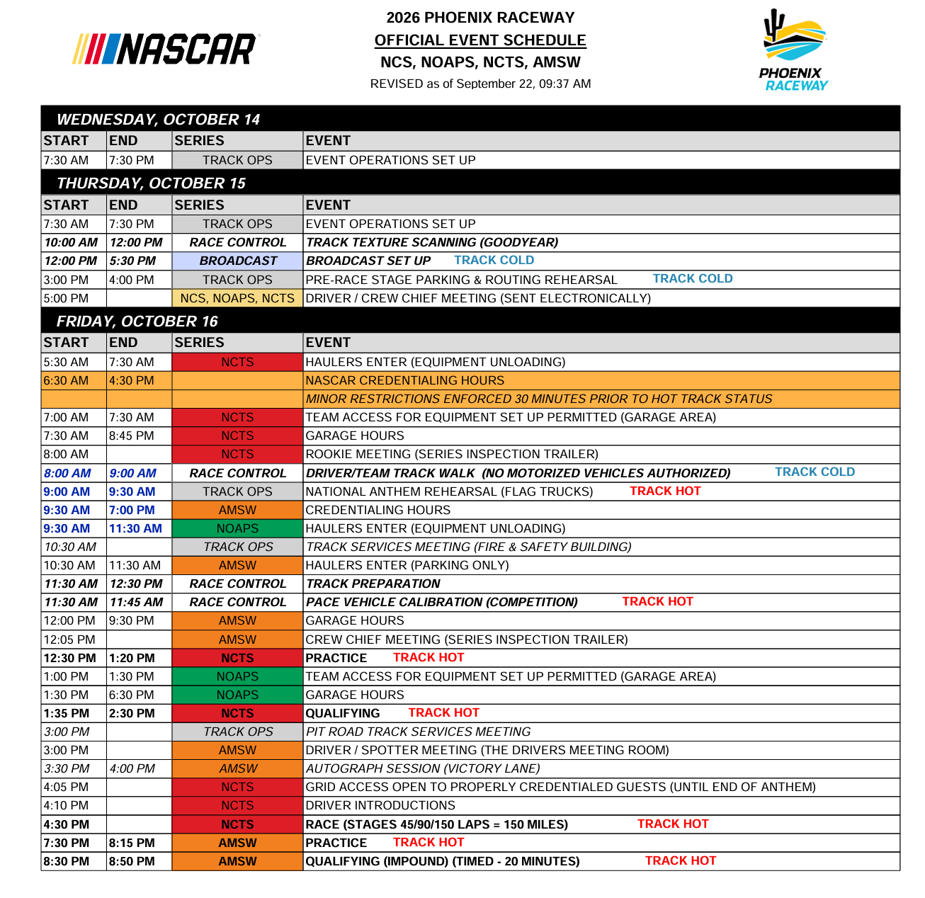Phoenix NASCAR On Track Event Schedule